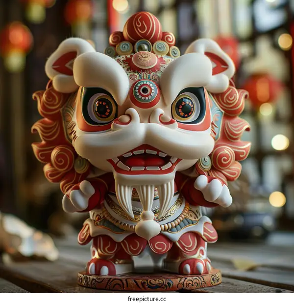 A cute cartoon lion with red and gold decorations