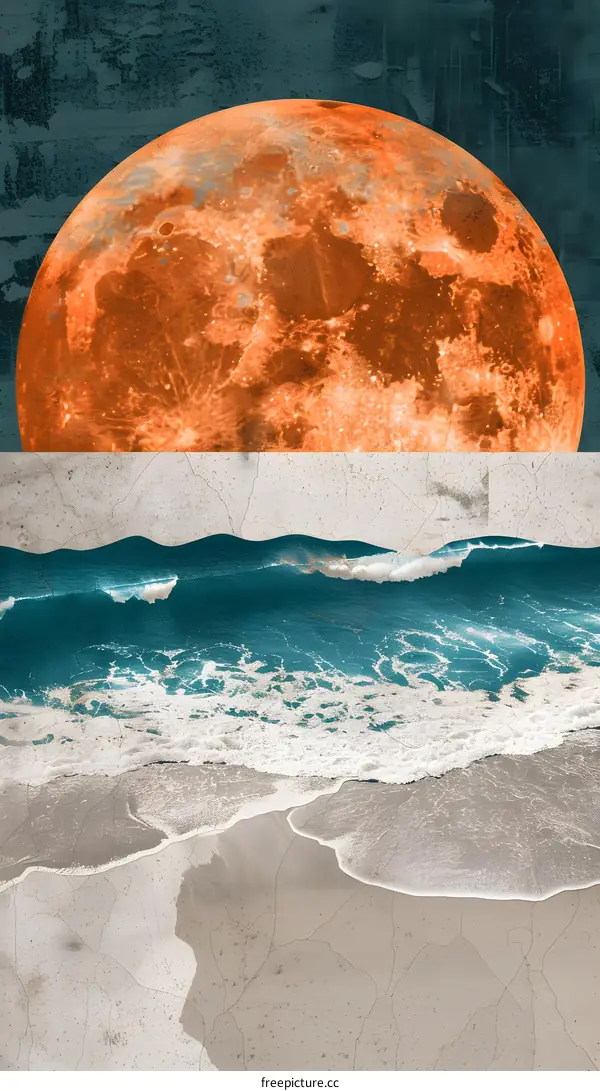 Orange Moon Over The Ocean Waves