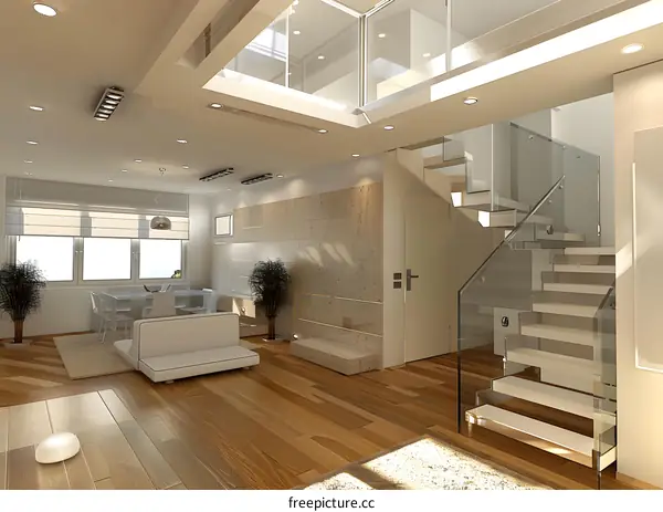 Modern Interior Design with Glass Stairs and Wooden Floors