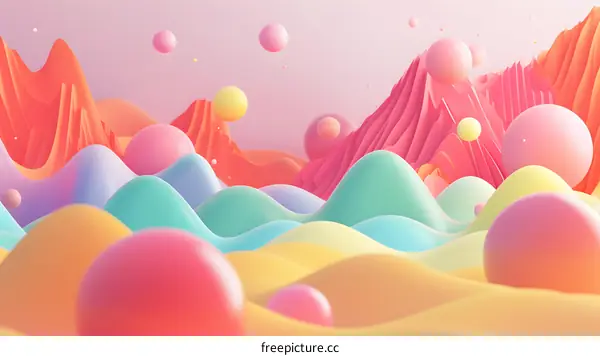 Colorful Abstract 3D Rendered Illustration with Floating Spheres and Wavy Hills
