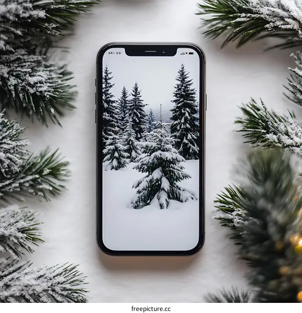 Winter Forest Phone Screen Background with Snow Covered Pine Trees