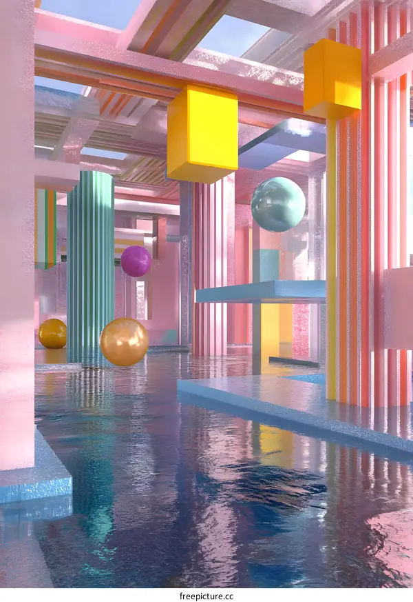 Abstract Pink and Yellow 3D Geometric Shapes With Water