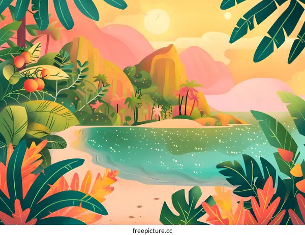 Tropical Island Illustration with Palm Trees and Lush Greenery