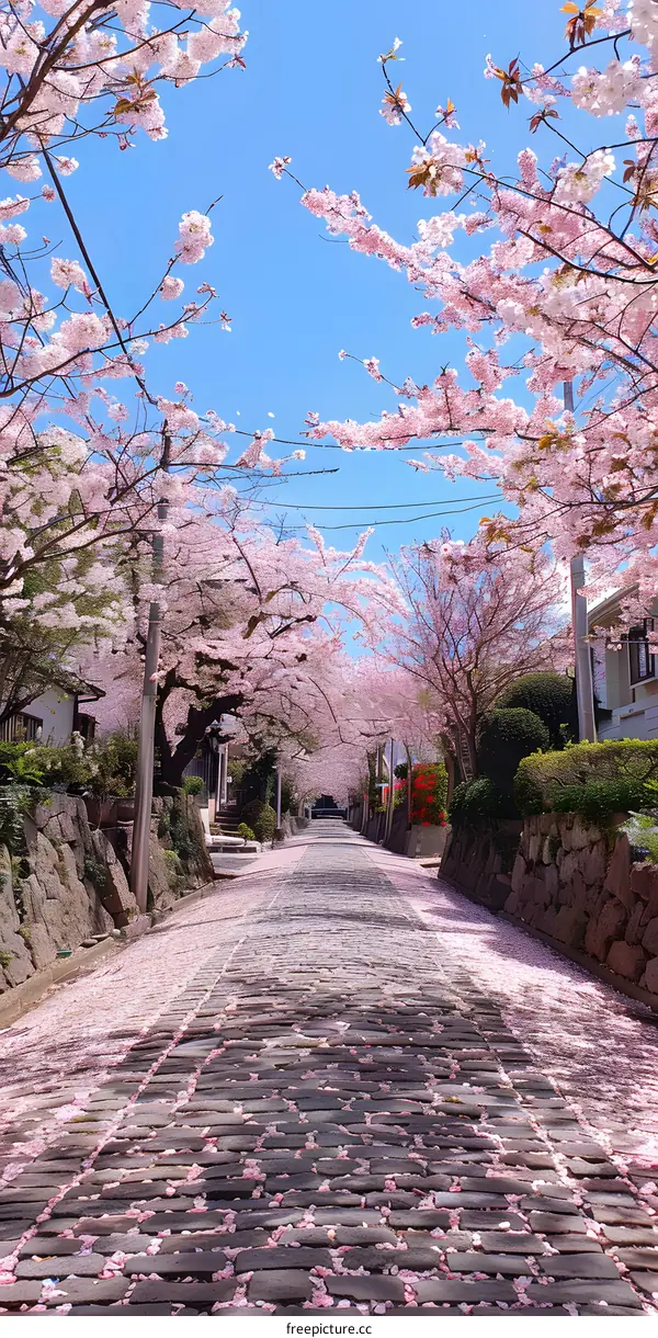 Cherry blossoms are blooming on the stone road