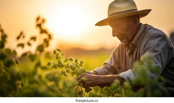 An old farmer is inspecting his soybean crop