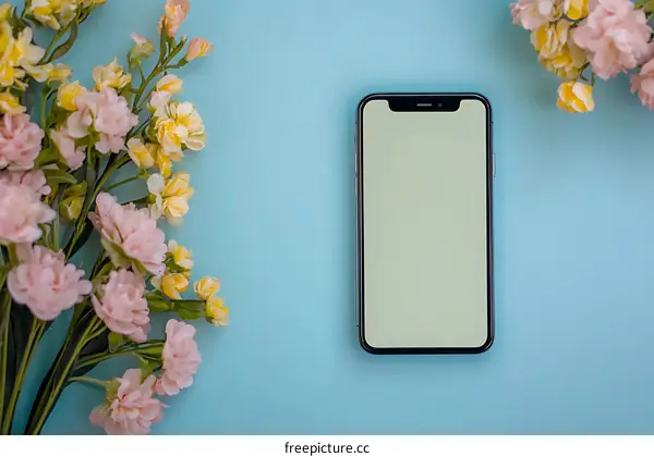 Mockup Phone with Flowers on Blue Background