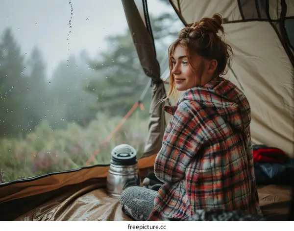 Young woman relaxing in a tent looking at the rain