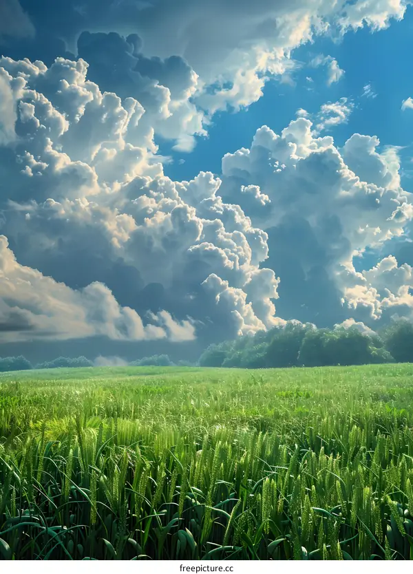 Green field and blue sky with clouds