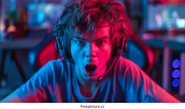 Young gamer with headphones and open mouth in front of computer