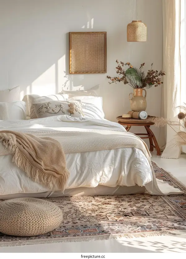 A cozy bedroom with a warm ambiance featuring neutral colors and wooden accents