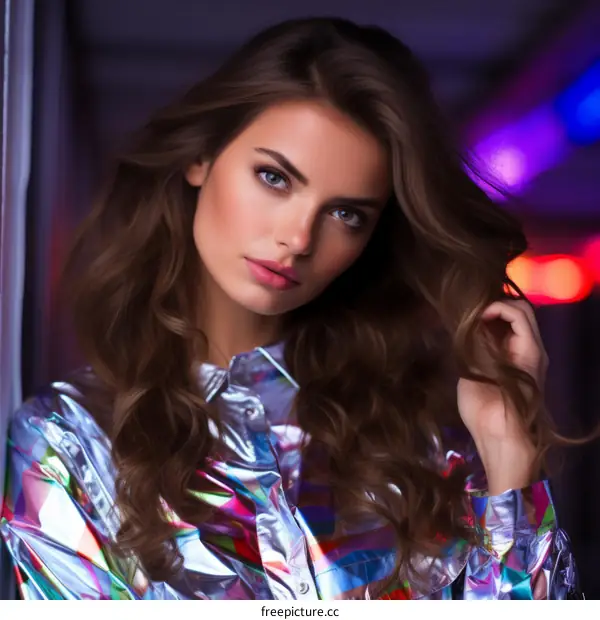 Fashion Model with Long Brown Hair in Colorful Shirt