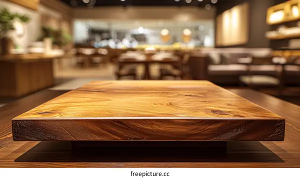 An empty wooden table in a restaurant