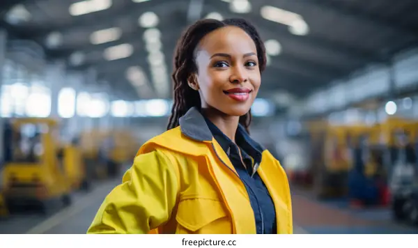 Portrait of a young African American woman in a yellow hard hat standing in a factory and smiling at the camera