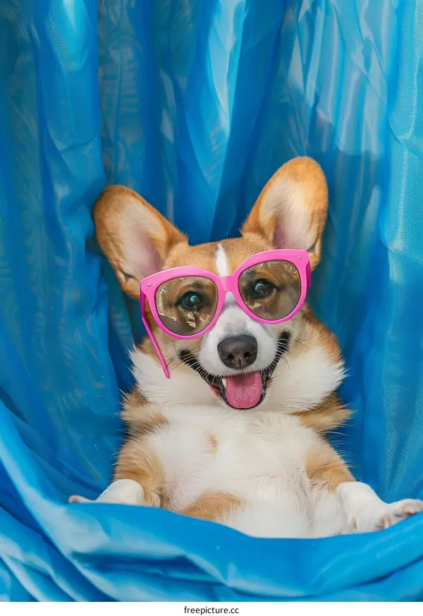 A happy corgi dog wearing sunglasses is lying in a blue hammock