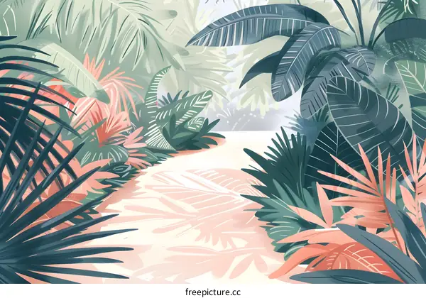 Tropical Rainforest Illustration With Green Leaves and Path