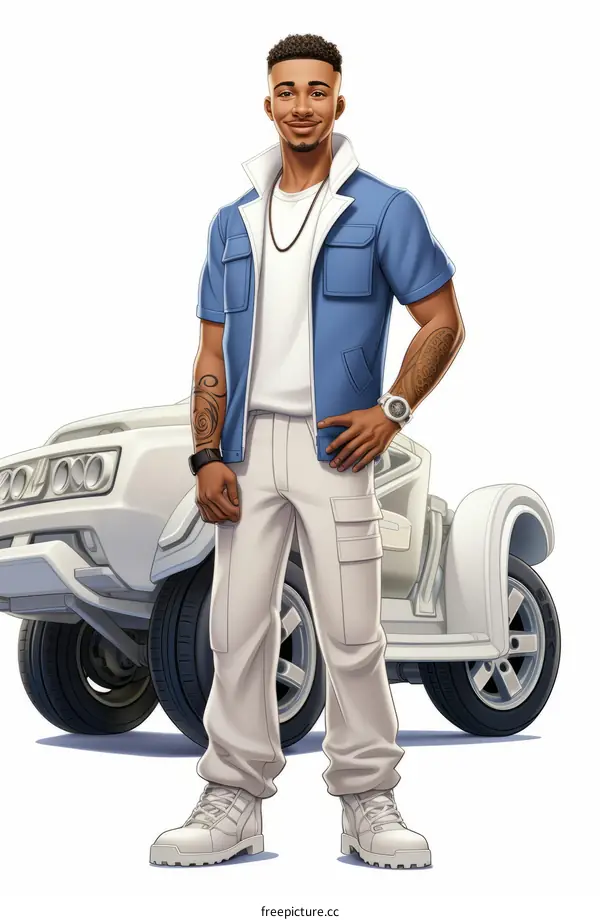 Young African-American man posing in front of a dune buggy on a beach