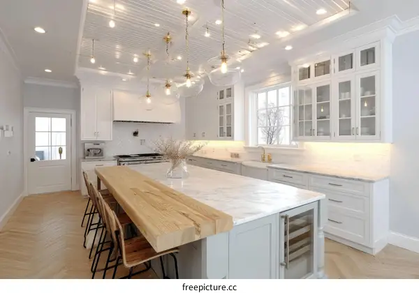 Modern White Kitchen Island with Light Gray Cabinets