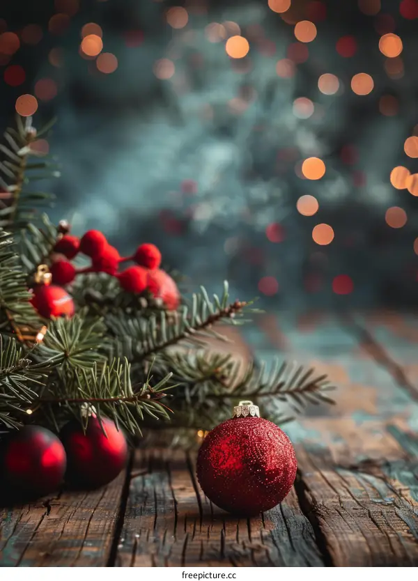Festive Christmas Background with Fir Branches and Red Ornaments