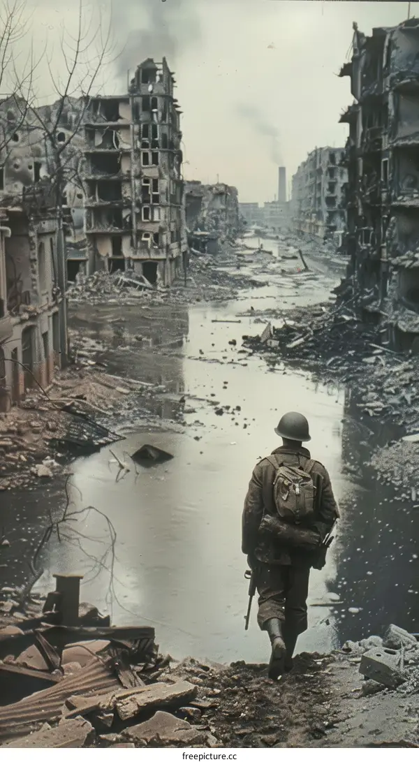 A soldier walking through a destroyed city during World War II