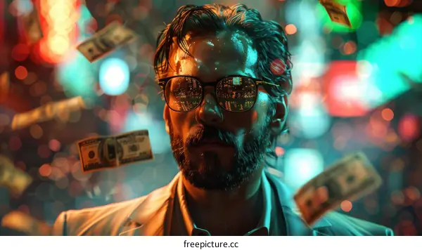 Night City Cyberpunk Man with Money Falling