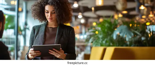 Businesswoman Using Tablet in Modern Cafe