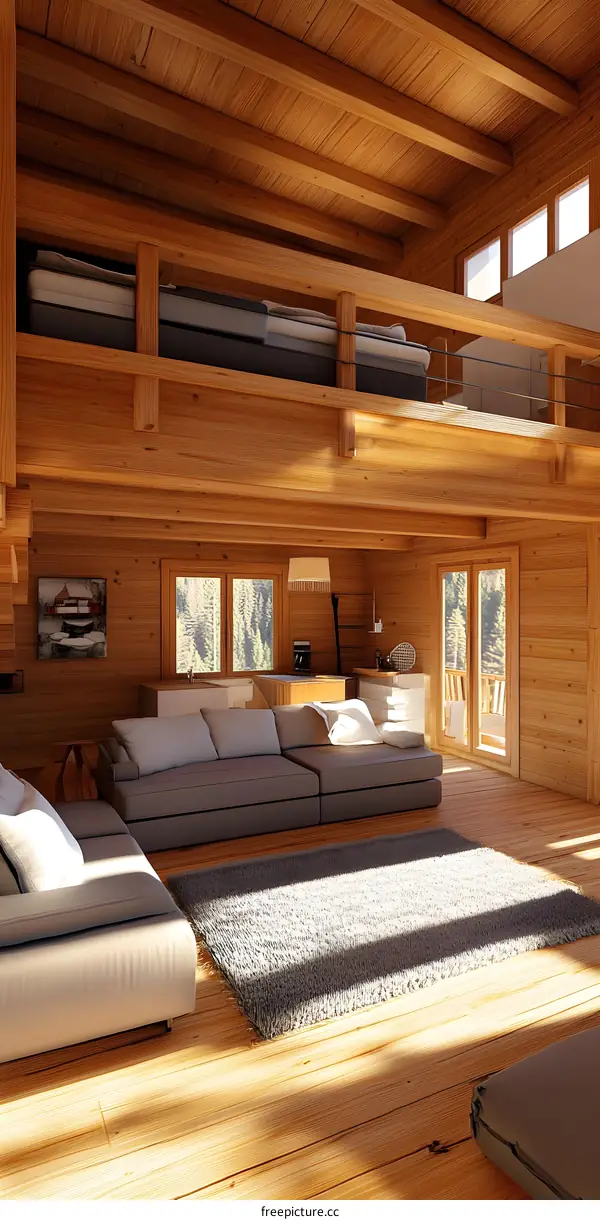 Wooden Cabin Living Room With Large Windows And Loft