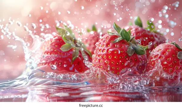 Close-up of fresh strawberries with water splash