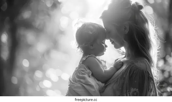 A black and white photo of a mother and her child.