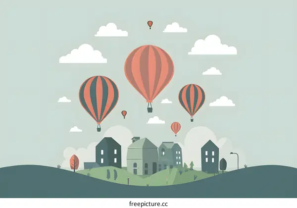 Hot Air Balloons Flying Over a Town Illustration
