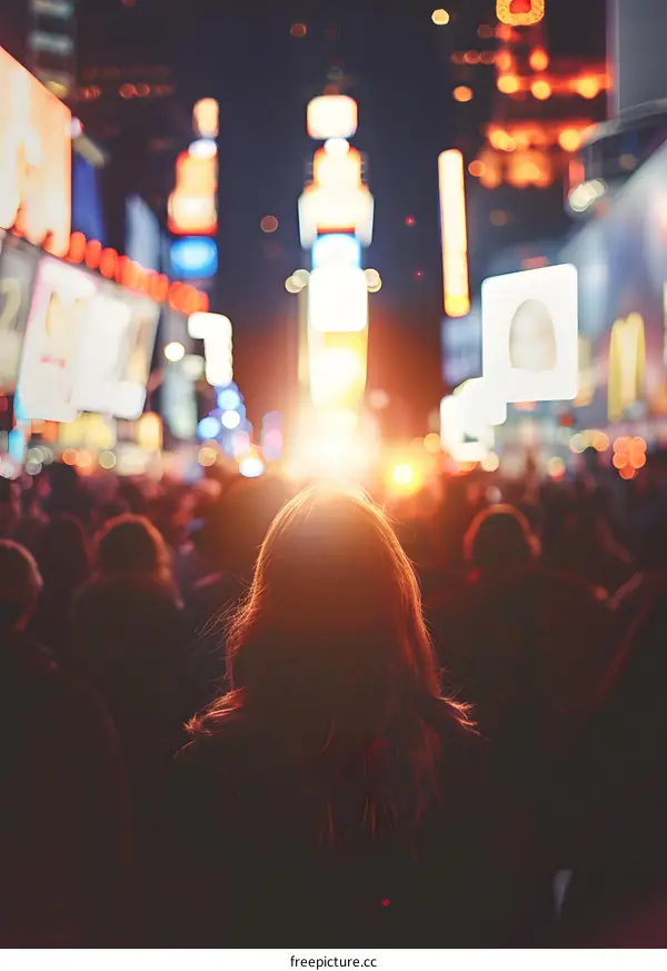 Woman in the Crowd Looking at the Bright Lights of the City at Night