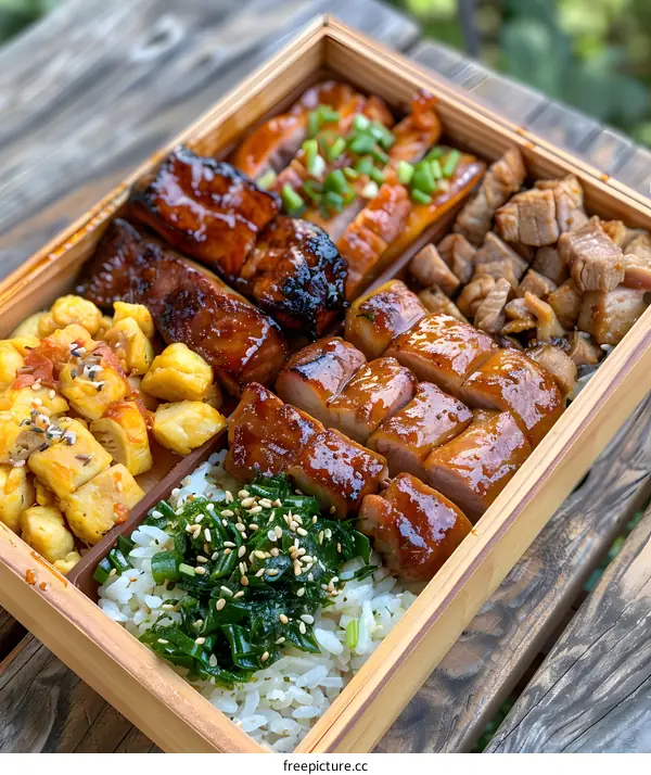 A delicious and healthy bento box with a variety of grilled meats and vegetables.