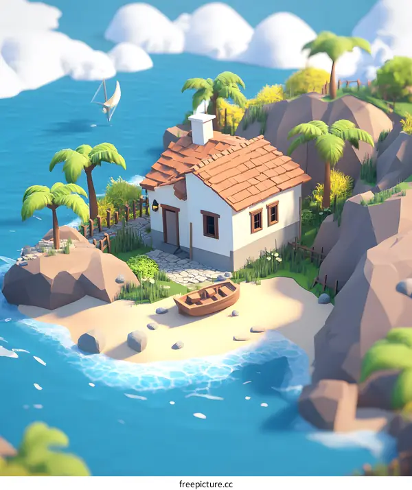 Low Poly Beach House with Palm Trees