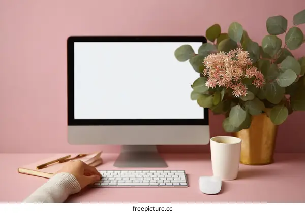 Pink Workspace with Computer and Plants