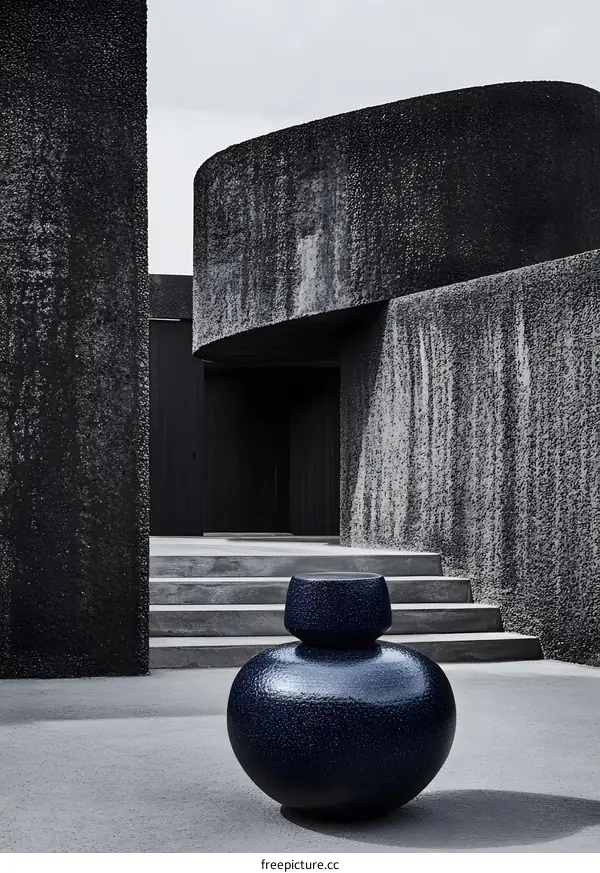 Modern Architecture Design with Blue Round Pot in the Yard
