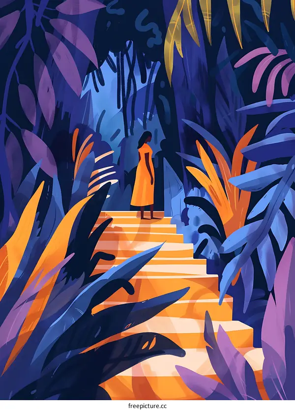 Woman in Orange Dress Stands on Stairs in Lush Jungle
