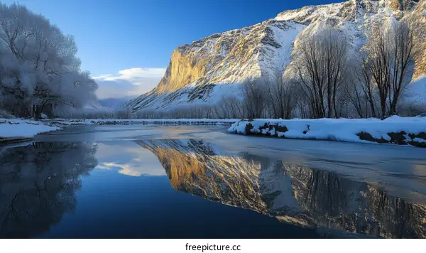 Winter Mountain River Reflection Landscape