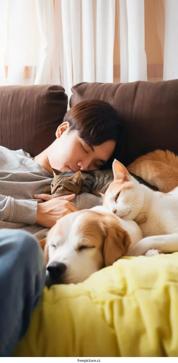 A man is sleeping on a couch with a cat and a dog