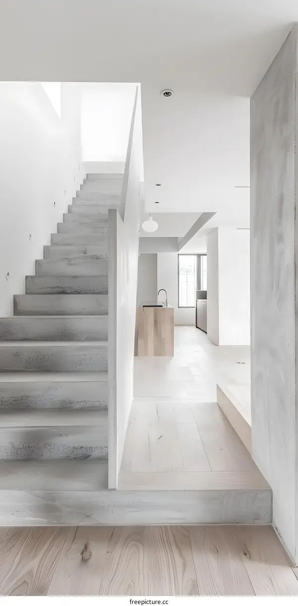 Minimalist Interior Design With Concrete Stairs and Wooden Floor