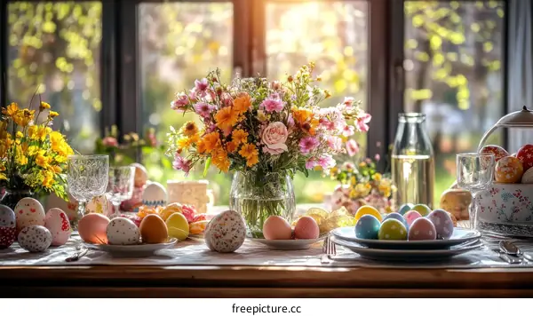 Colorful Easter Table Setting with Flowers and Eggs