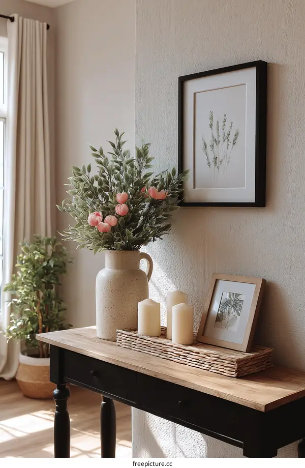 Elegant Console Table Decor with Floral Arrangement and Artwork