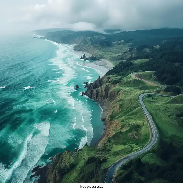 A road winds along the coast of a rugged green headland