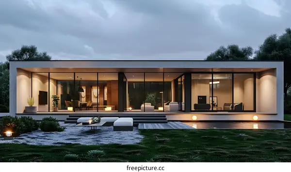 Modern Minimalist House Design with Large Glass Windows and Patio