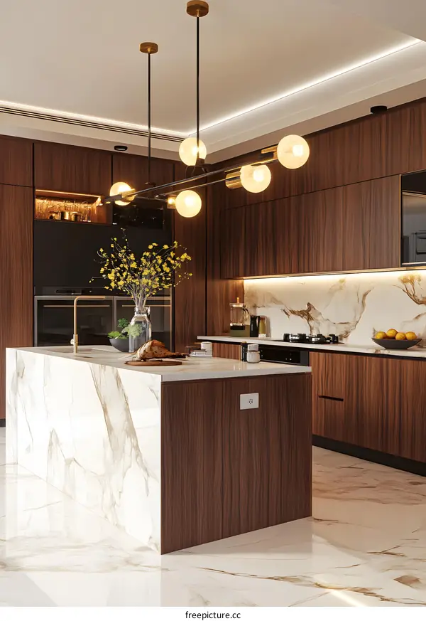 Modern Kitchen Design with Wooden Cabinets and Marble Countertop