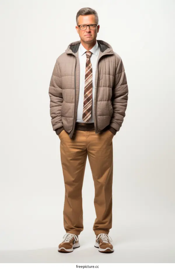 A man wearing a brown jacket, white shirt, and brown pants