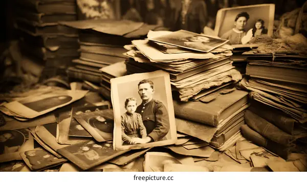 A soldier and his daughter in front of a pile of books and photos