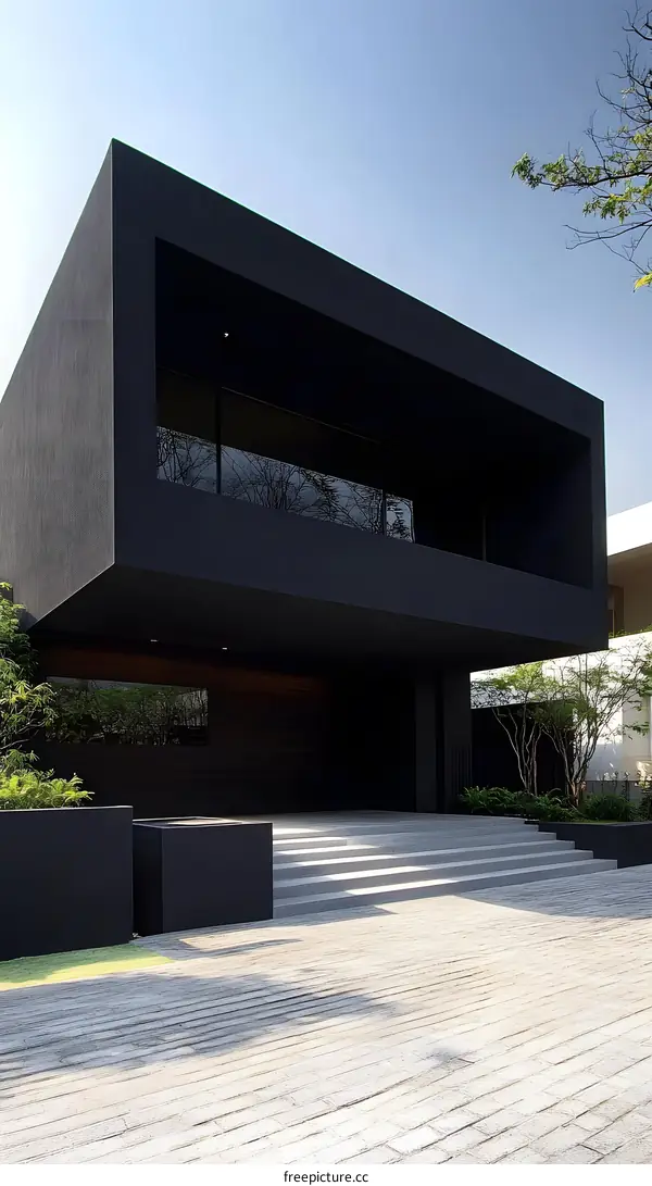 Modern Minimalist Black House with Steps and Wooden Deck