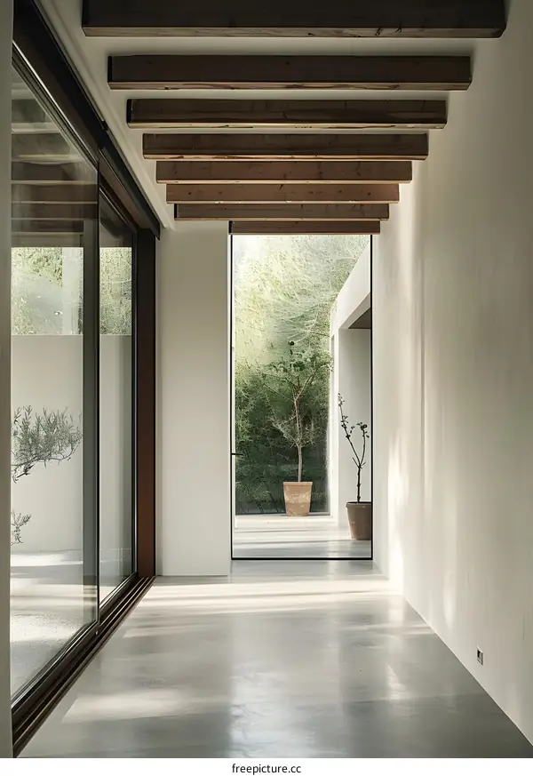 Modern Minimalist Home Interior With Wooden Beams And Large Windows