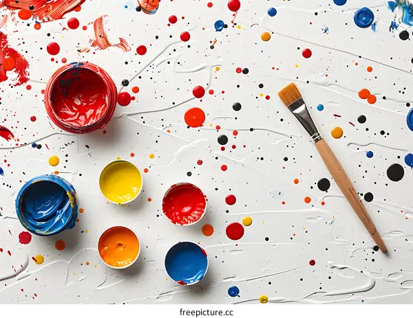 colorful abstract painting with paint cans and brush