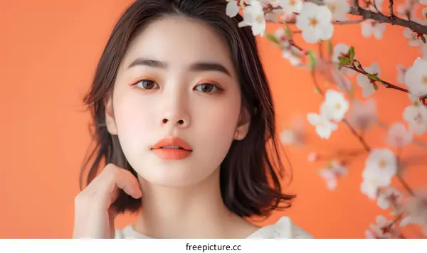 Close Up Portrait of Young Asian Woman with Cherry Blossoms