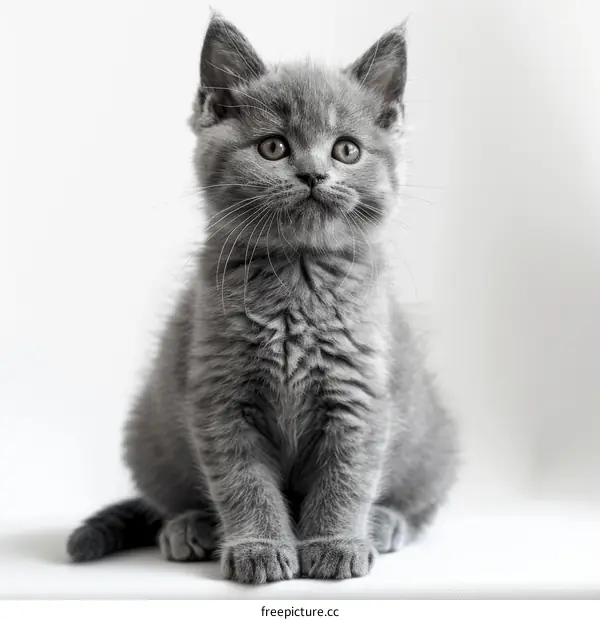 A cute gray kitten sits on a white surface and looks up